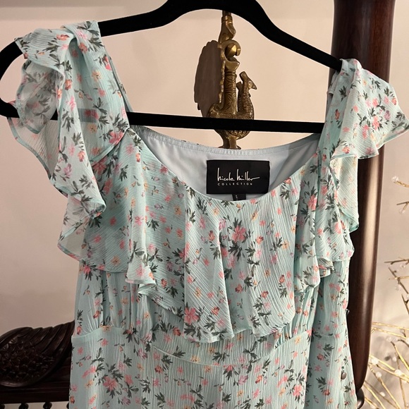 Nicole Miller floaty pale green chiffon dress with ruffle collar, asymmetric hem - Picture 9 of 13